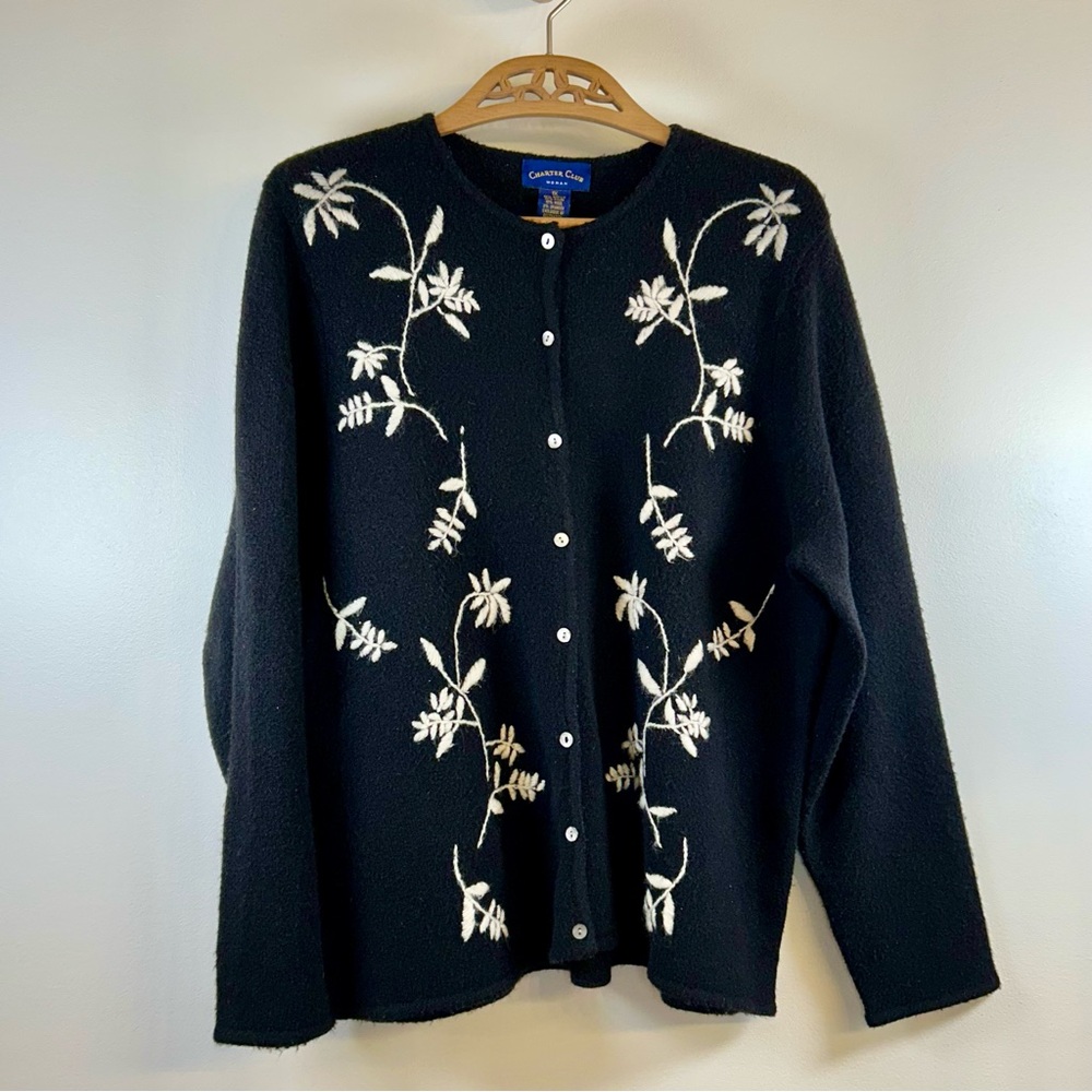 Charter Club Women’s 1X Vintage Black Cardigan with White Floral Embroidery - Picture 4 of 10